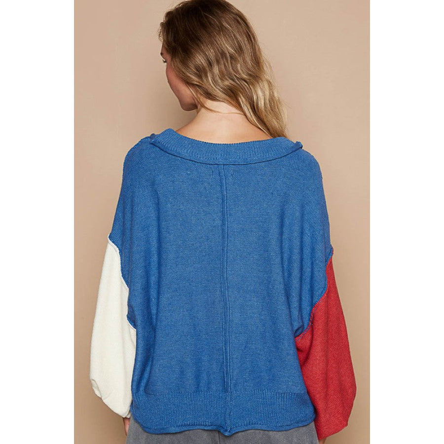 POL Exposed Seam Contrast V-Neck Lantern Sleeve Sweater Apparel and Accessories