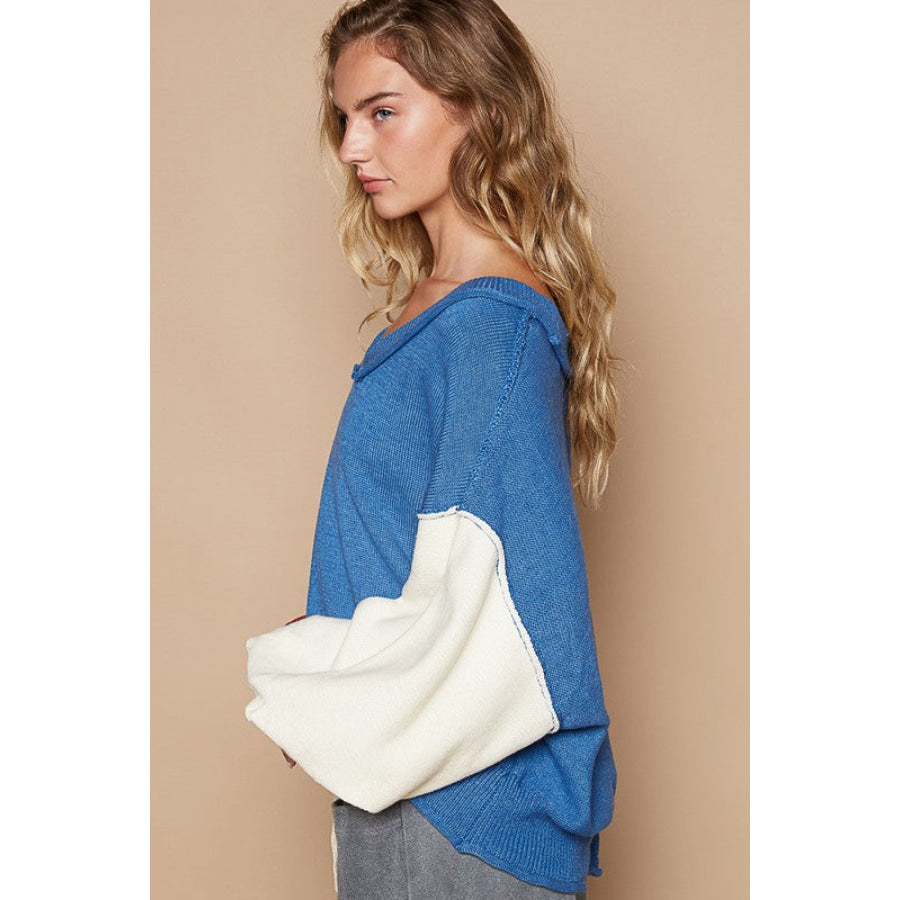 POL Exposed Seam Contrast V-Neck Lantern Sleeve Sweater Apparel and Accessories