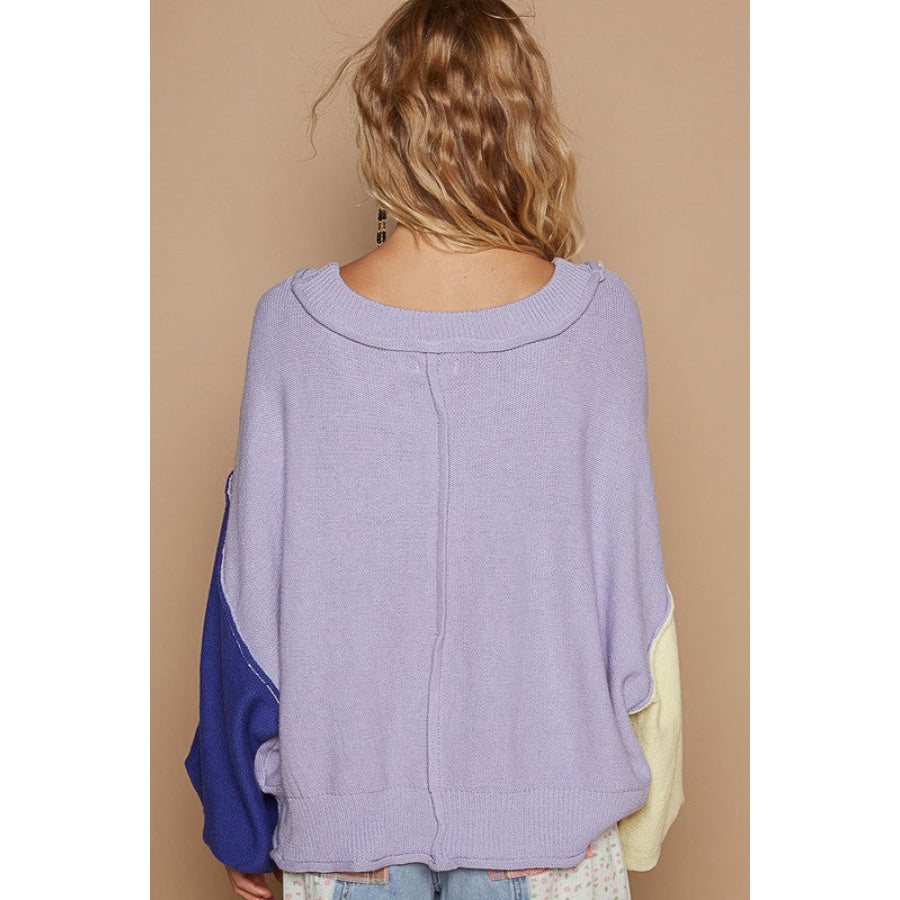 POL Exposed Seam Contrast V-Neck Lantern Sleeve Sweater Lavender / S Apparel and Accessories