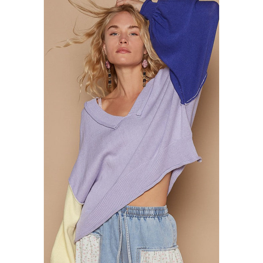 POL Exposed Seam Contrast V-Neck Lantern Sleeve Sweater Lavender / S Apparel and Accessories