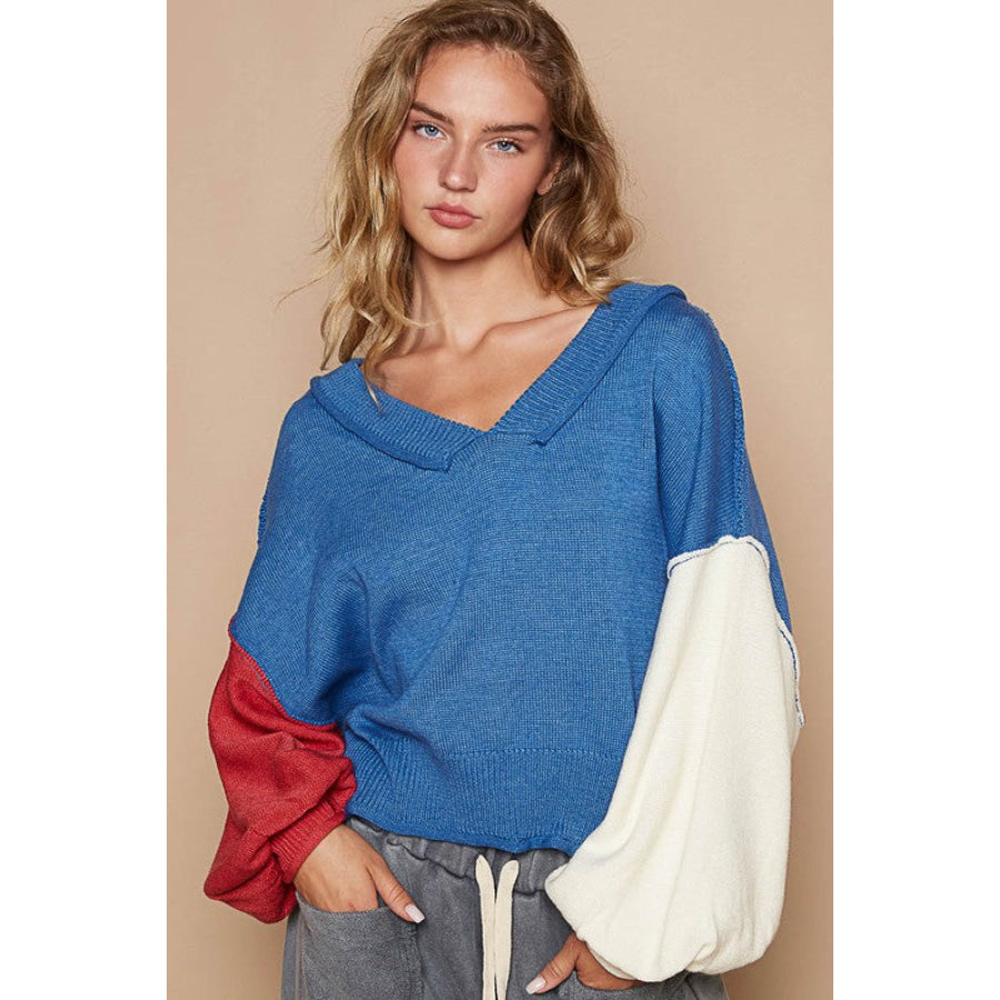 POL Exposed Seam Contrast V-Neck Lantern Sleeve Sweater Royal Blue / S Apparel and Accessories