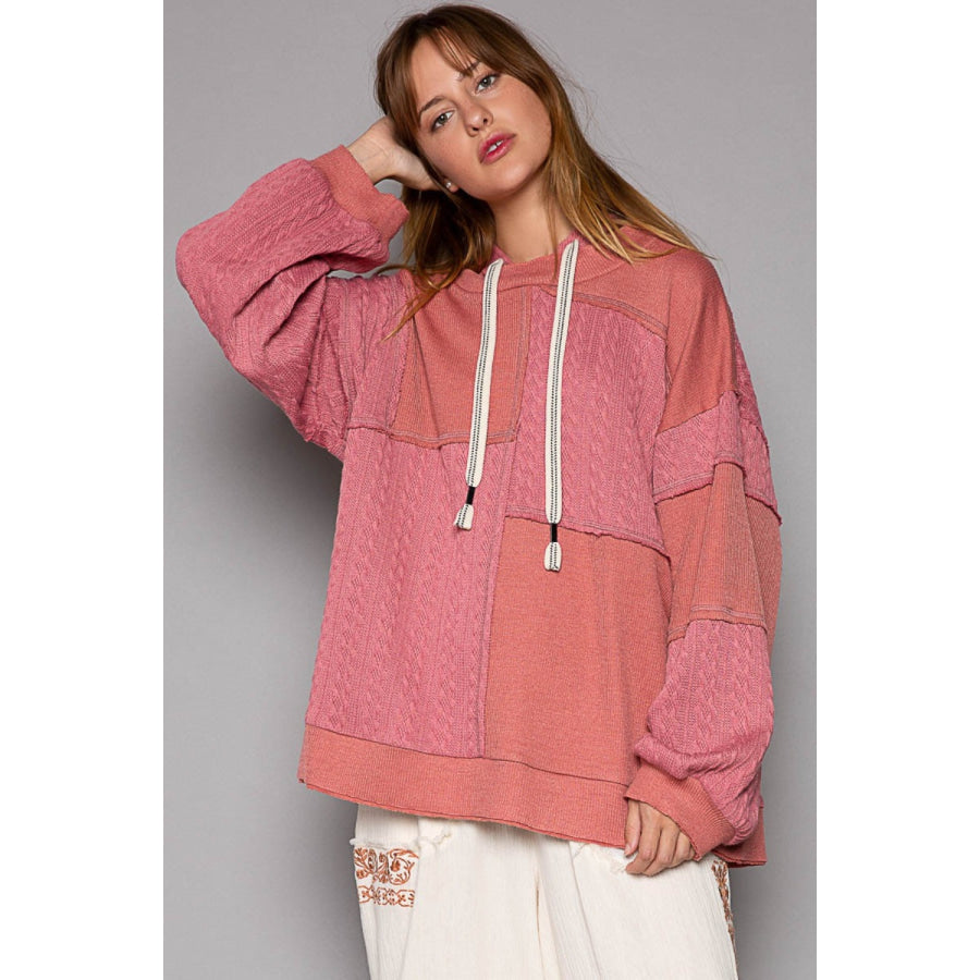 POL Exposed Seam Hooded Knit Top Mauve / S Apparel and Accessories