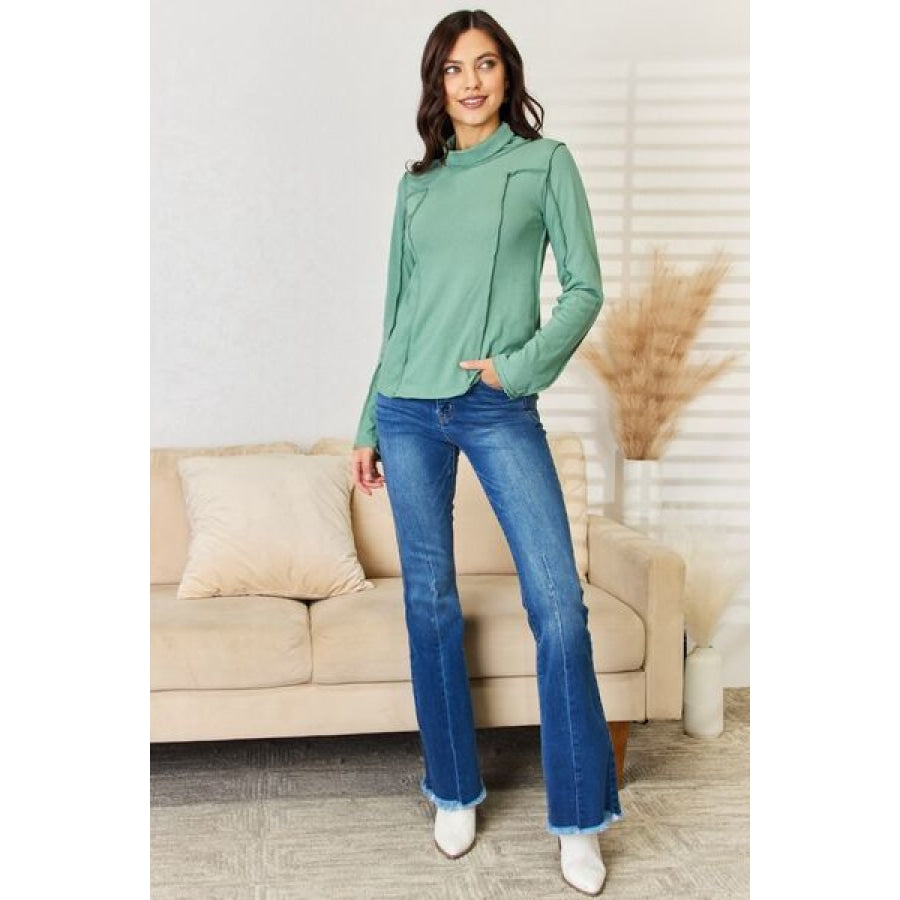 POL Exposed Seam Long Sleeve Knit Top Apparel and Accessories