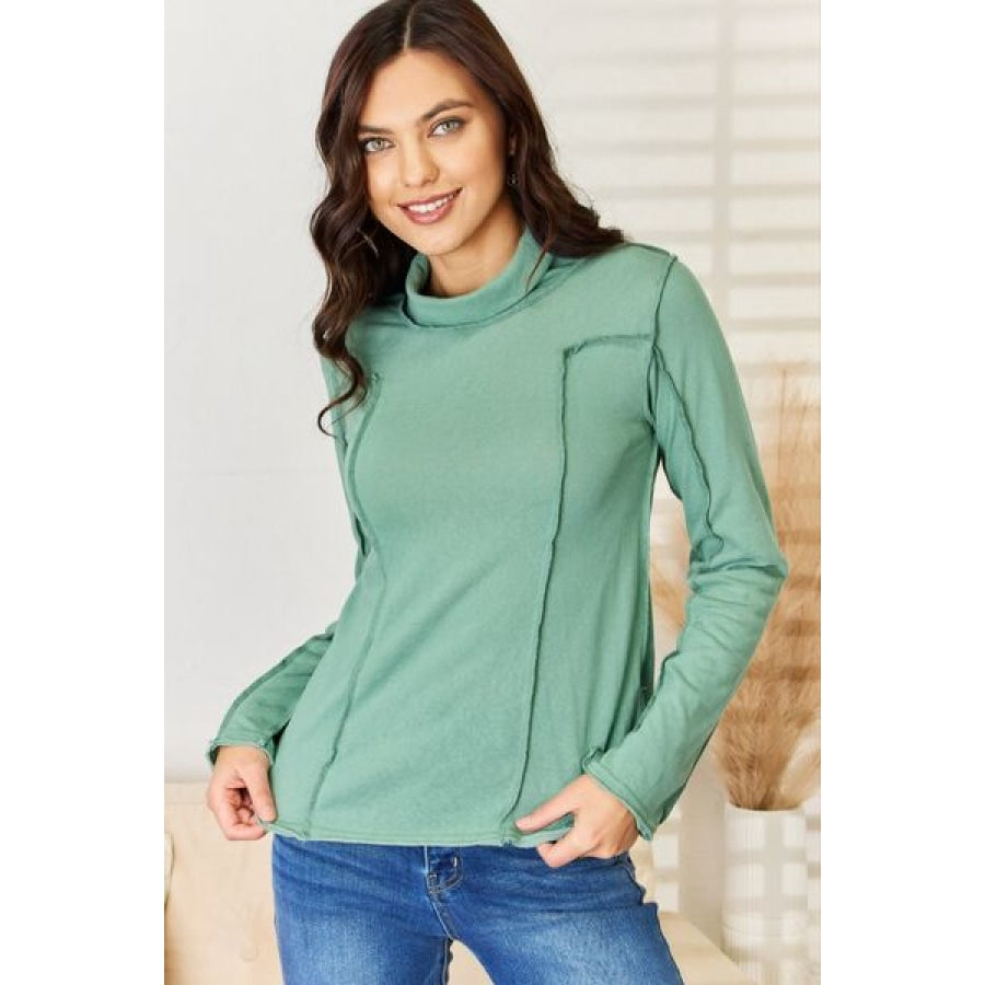 POL Exposed Seam Long Sleeve Knit Top EMERALD GREEN / S Apparel and Accessories