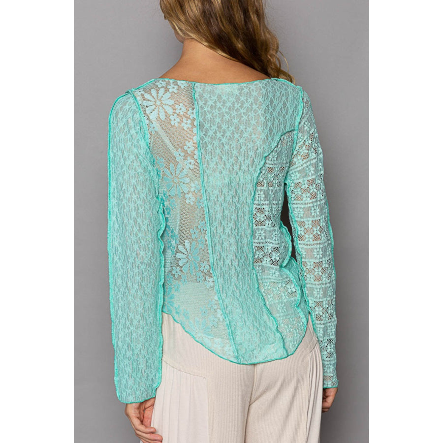 POL Exposed Seam Long Sleeve Lace Knit Top Apparel and Accessories