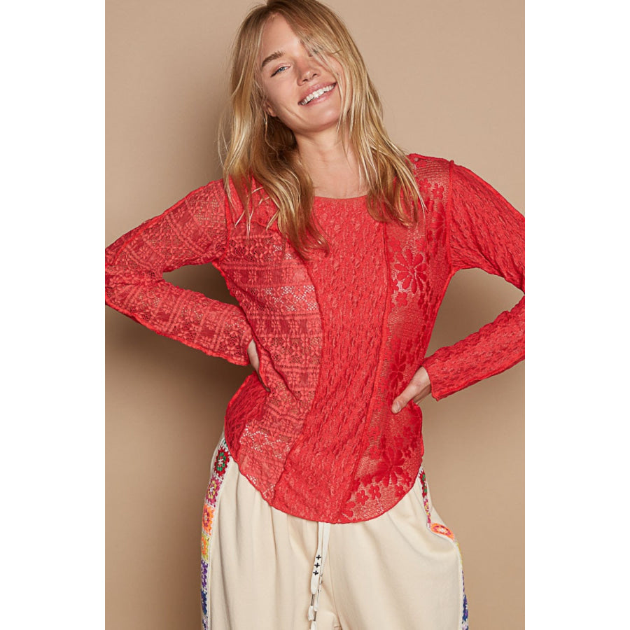 POL Exposed Seam Long Sleeve Lace Knit Top Apparel and Accessories