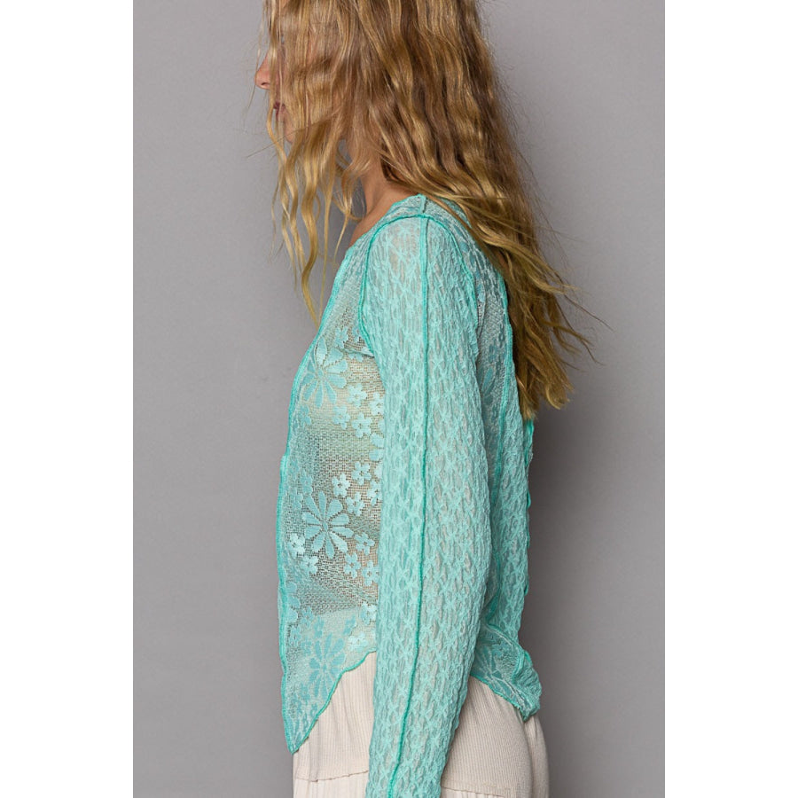 POL Exposed Seam Long Sleeve Lace Knit Top Apparel and Accessories