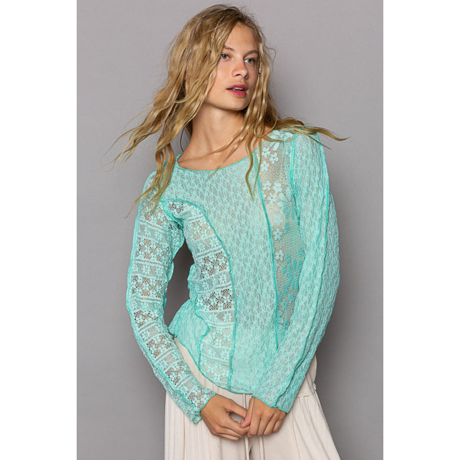 POL Exposed Seam Long Sleeve Lace Knit Top Apparel and Accessories