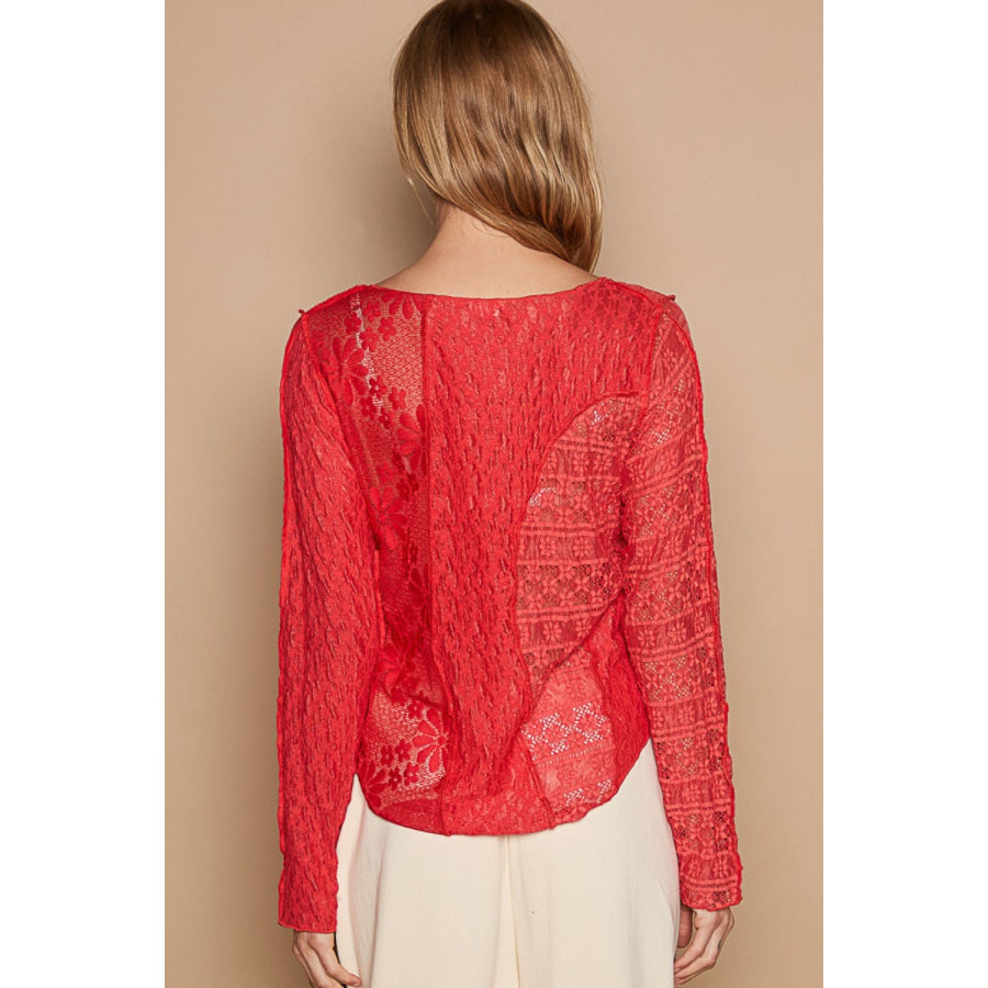 POL Exposed Seam Long Sleeve Lace Knit Top Apparel and Accessories