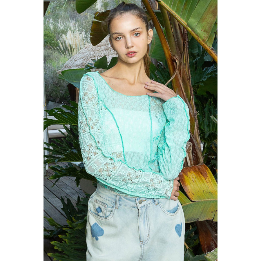 POL Exposed Seam Long Sleeve Lace Knit Top Electric Blue / S Apparel and Accessories