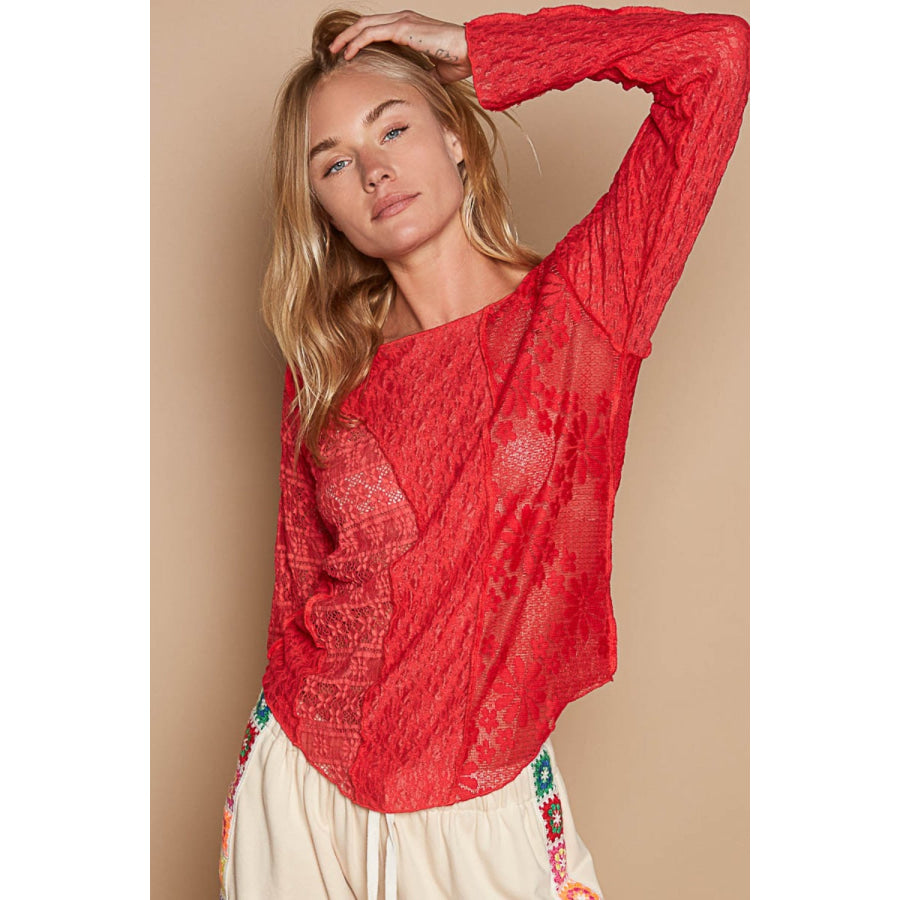 POL Exposed Seam Long Sleeve Lace Knit Top Real Red / S Apparel and Accessories