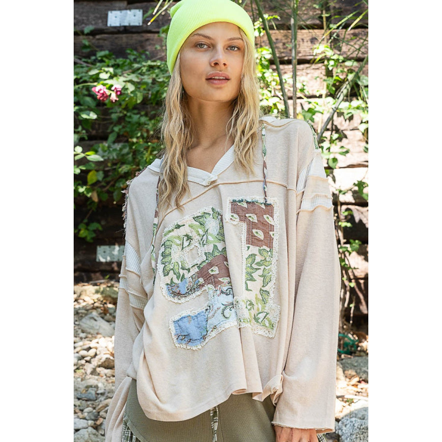 POL Exposed Seam Number Patch V-Neck Hooded Top Coconut Multi / S Apparel and Accessories