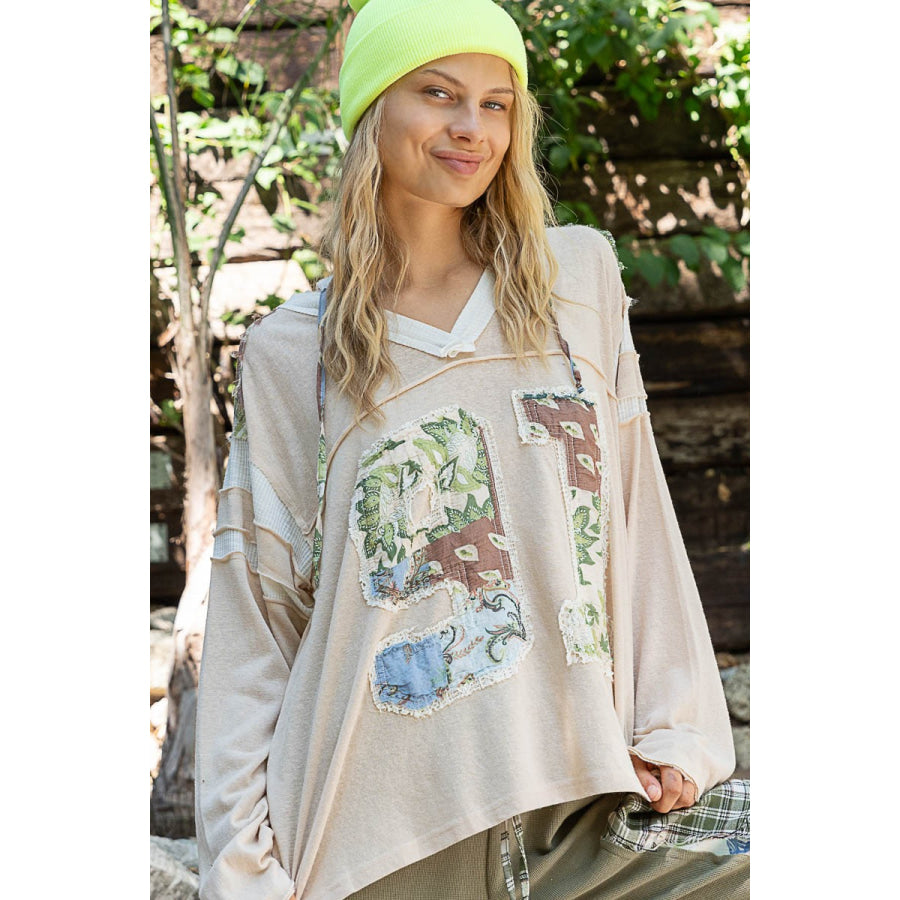 POL Exposed Seam Number Patch V-Neck Hooded Top Coconut Multi / S Apparel and Accessories