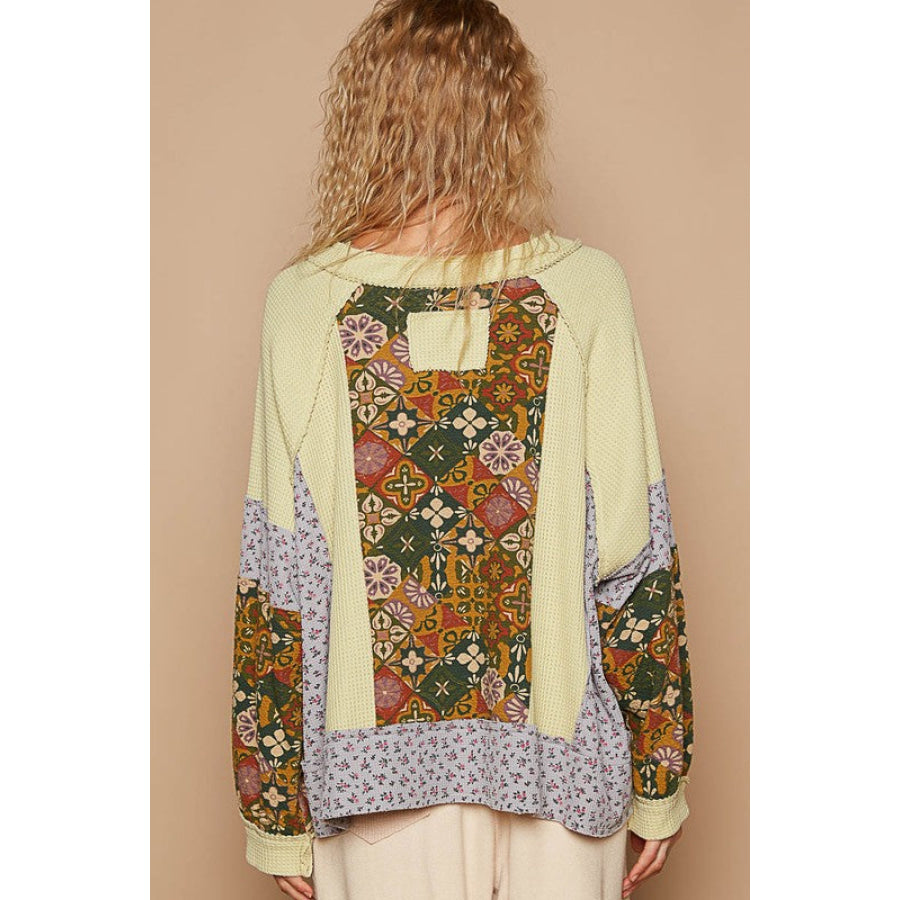 POL Exposed Seam Printed Notched Raglan Sleeve Knit Top Yellow Green / S Apparel and Accessories