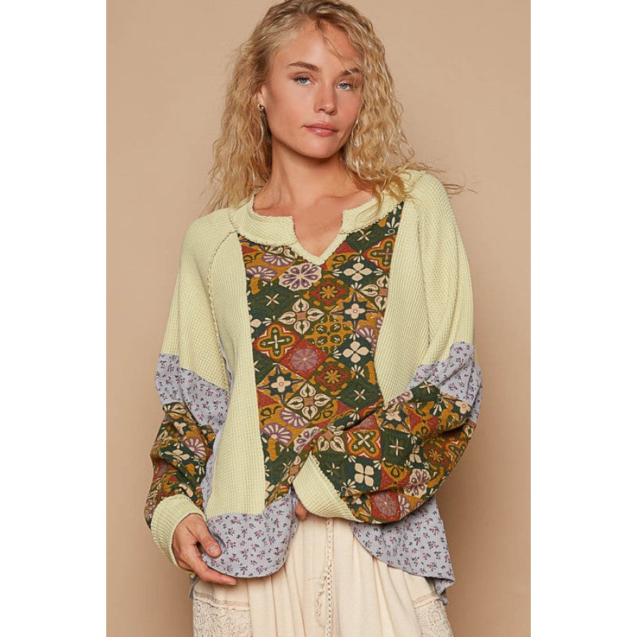 POL Exposed Seam Printed Notched Raglan Sleeve Knit Top Yellow Green / S Apparel and Accessories