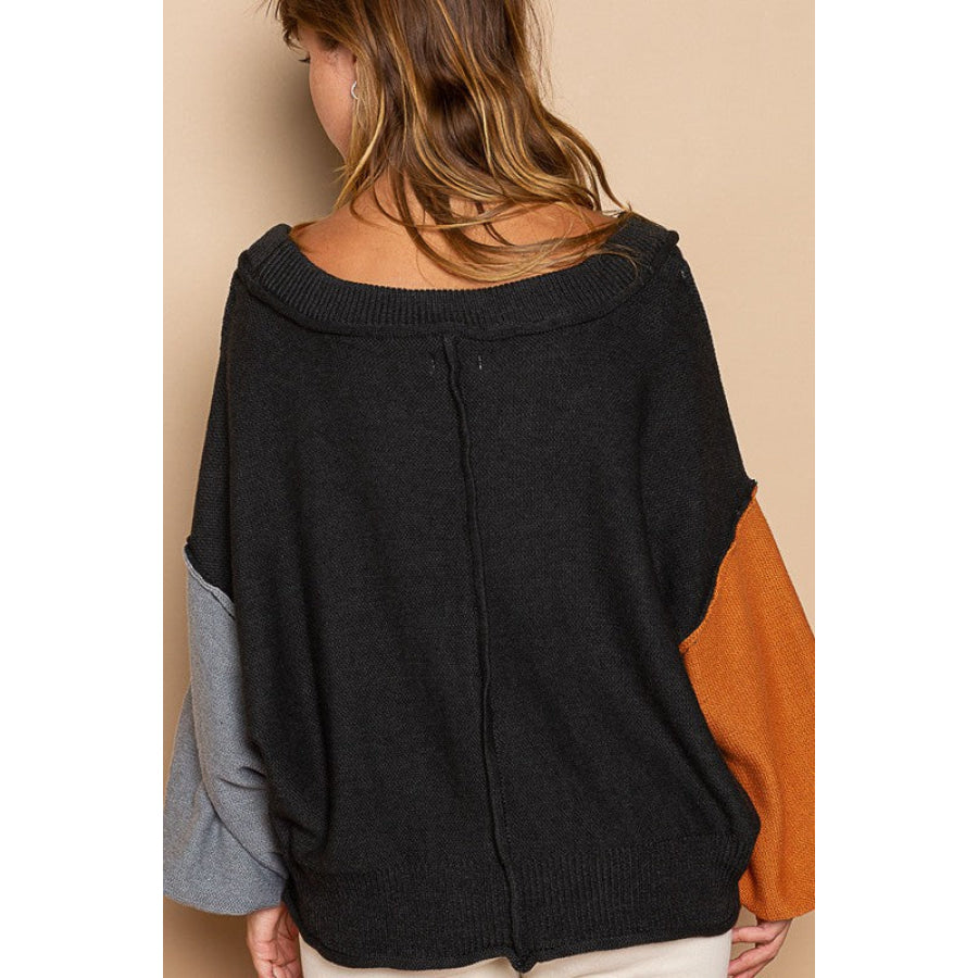 POL Exposed Seam Roll Edge Color Block V Neck Sweater Black / S Apparel and Accessories