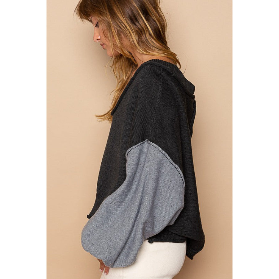 POL Exposed Seam Roll Edge Color Block V Neck Sweater Apparel and Accessories