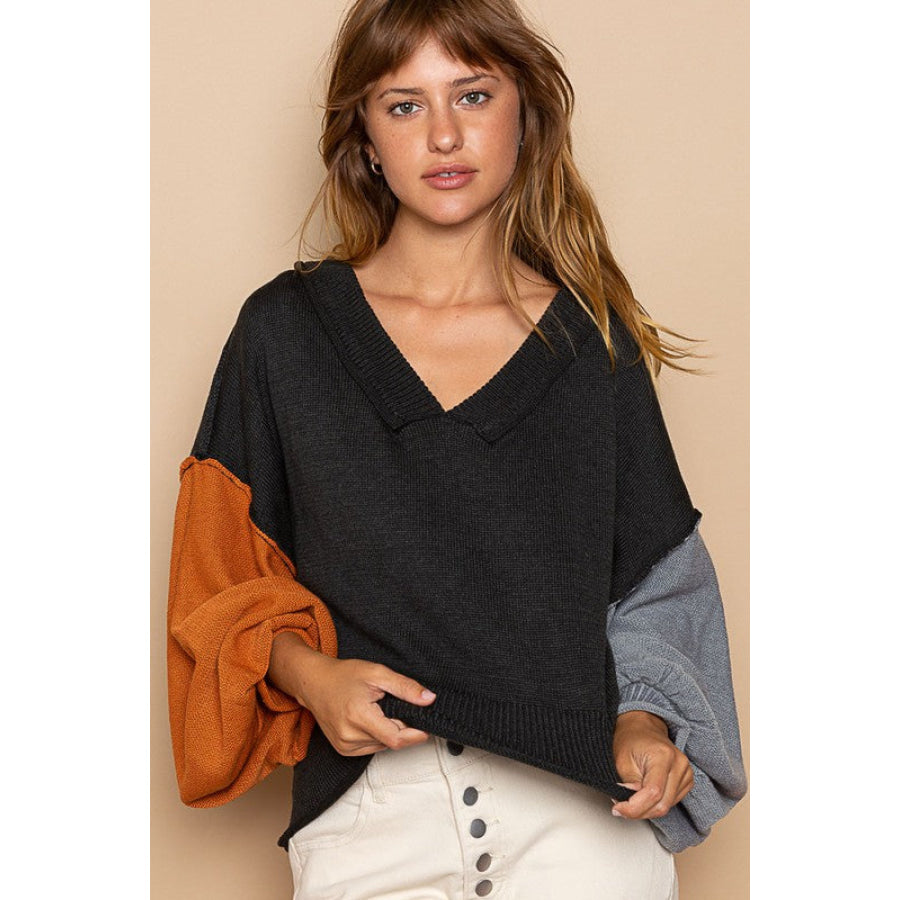 POL Exposed Seam Roll Edge Color Block V Neck Sweater Black / S Apparel and Accessories