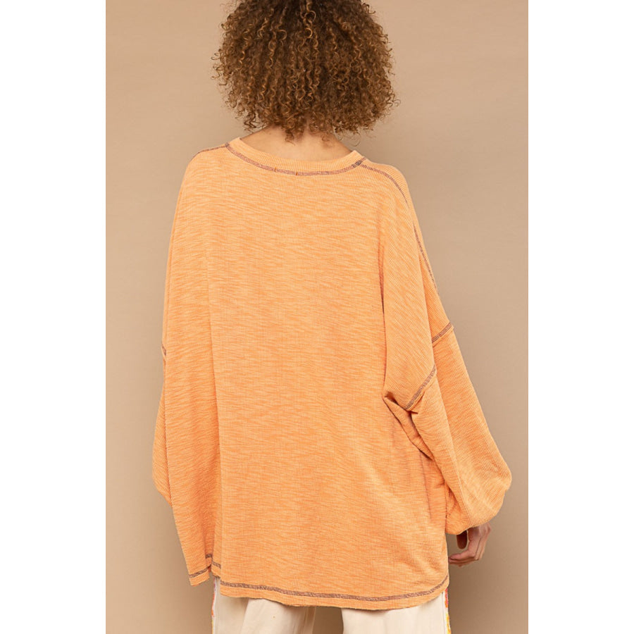 POL Exposed Seam Round Neck Long Sleeve Top Coral Orange / S Apparel and Accessories