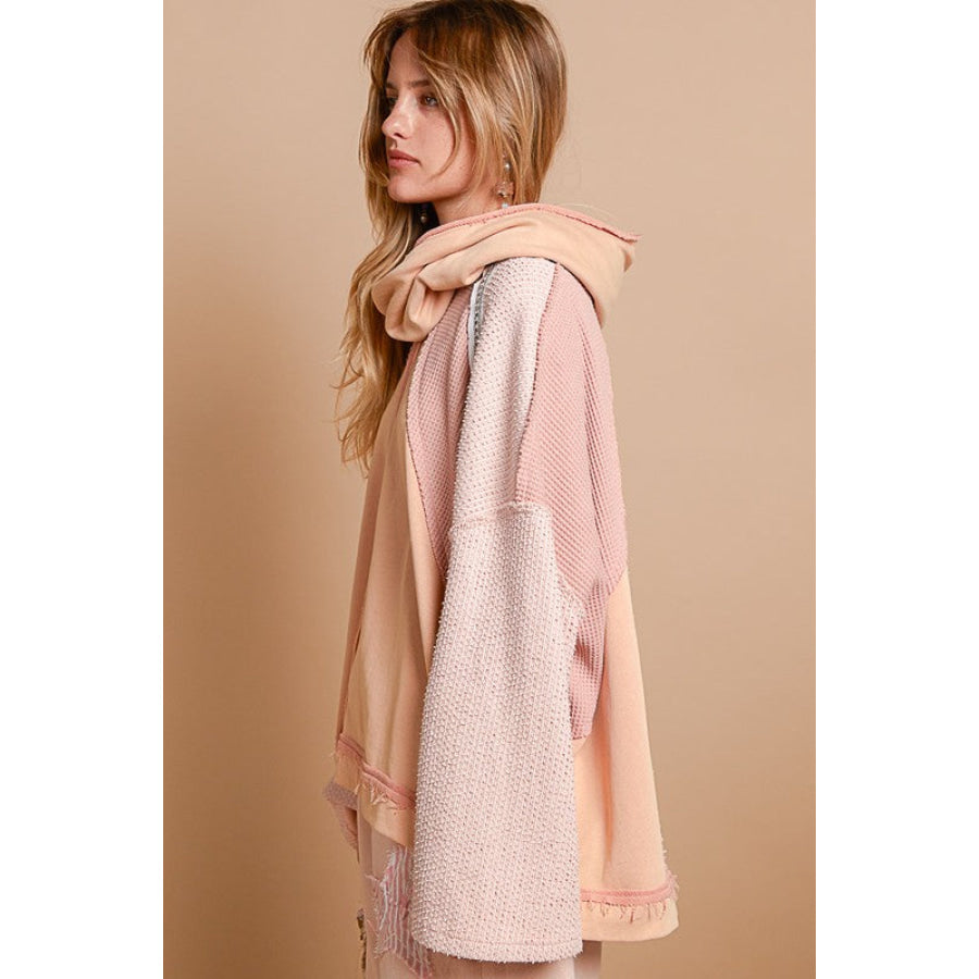 POL Exposed Seam Turtleneck Stud Trim French Terry Hoodie Burnt Coral / S Apparel and Accessories