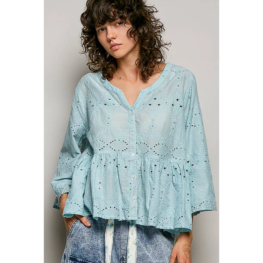 POL Eyelet Embroidery Peplum Button Front Cotton Shirt Apparel and Accessories