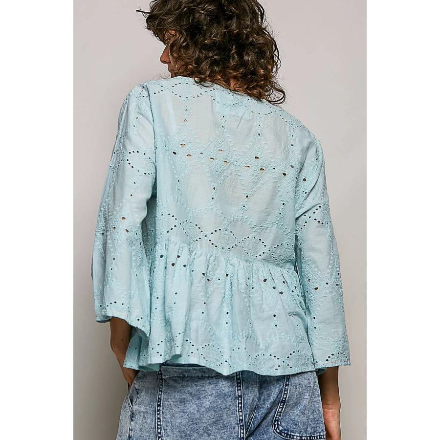 POL Eyelet Embroidery Peplum Button Front Cotton Shirt Apparel and Accessories