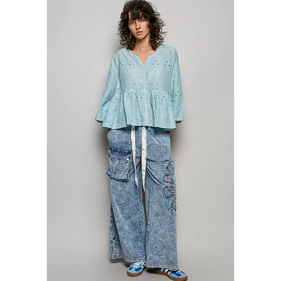 POL Eyelet Embroidery Peplum Button Front Cotton Shirt Apparel and Accessories