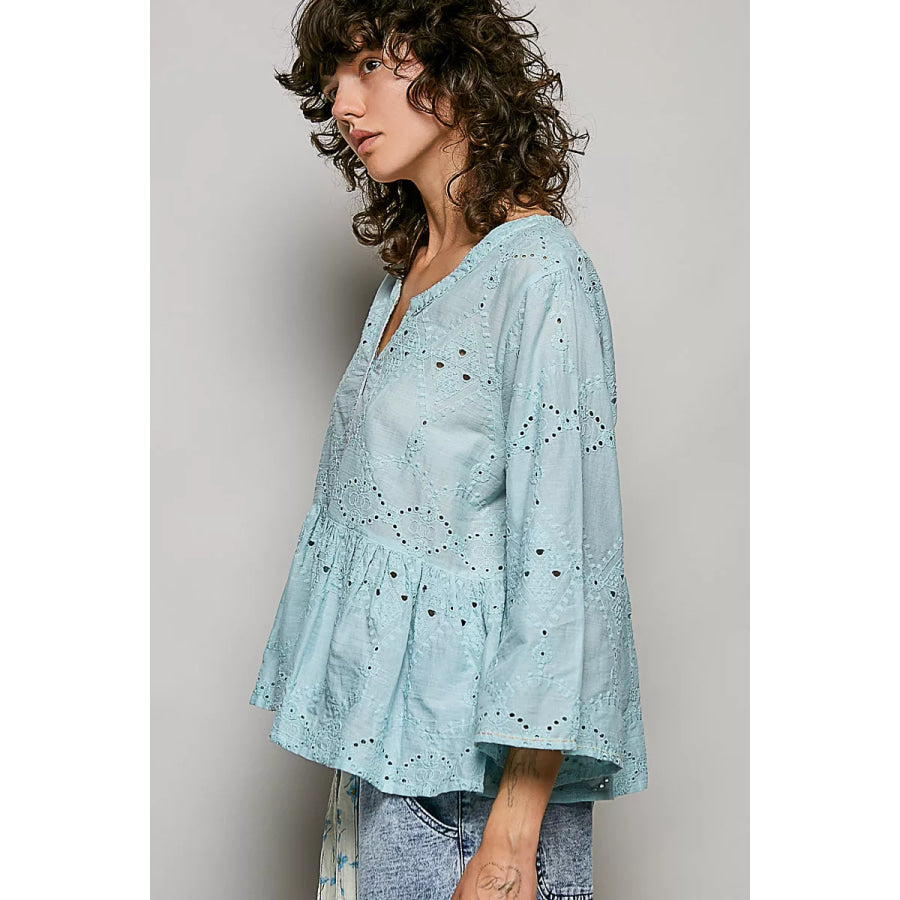 POL Eyelet Embroidery Peplum Button Front Cotton Shirt Apparel and Accessories