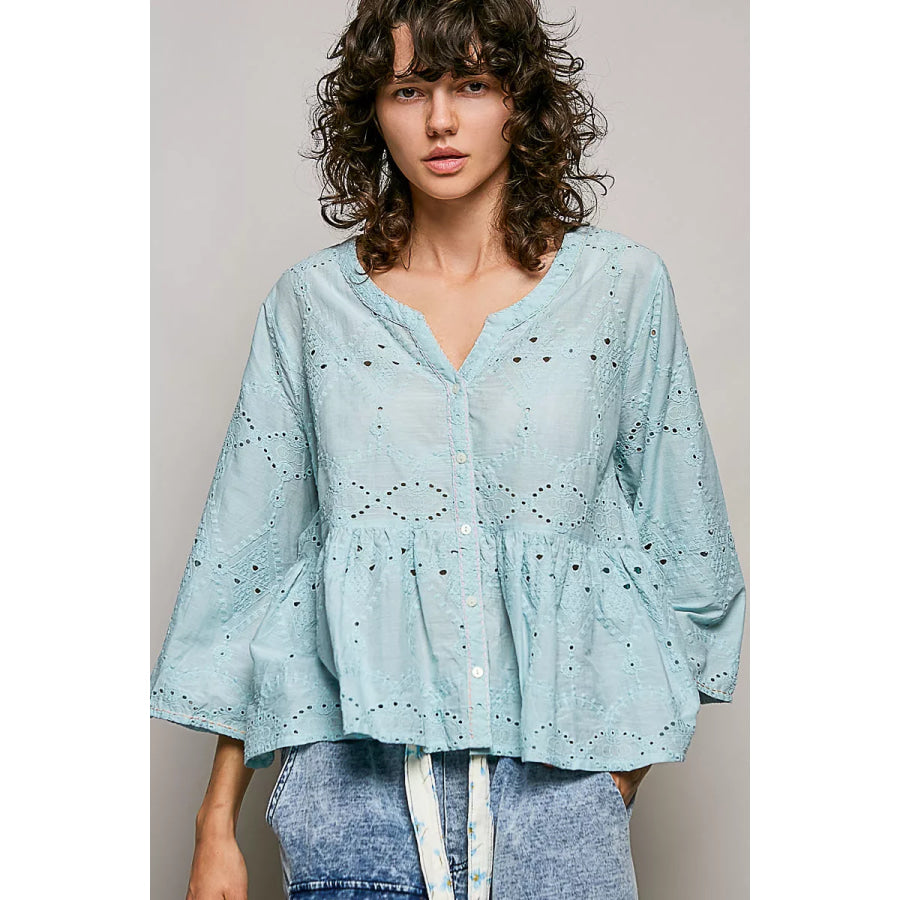 POL Eyelet Embroidery Peplum Button Front Cotton Shirt AQUA / S Apparel and Accessories