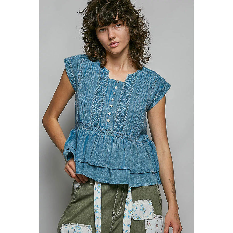 POL Eyelet Embroidery Pintuck Sleeveless Cotton Blouse Apparel and Accessories