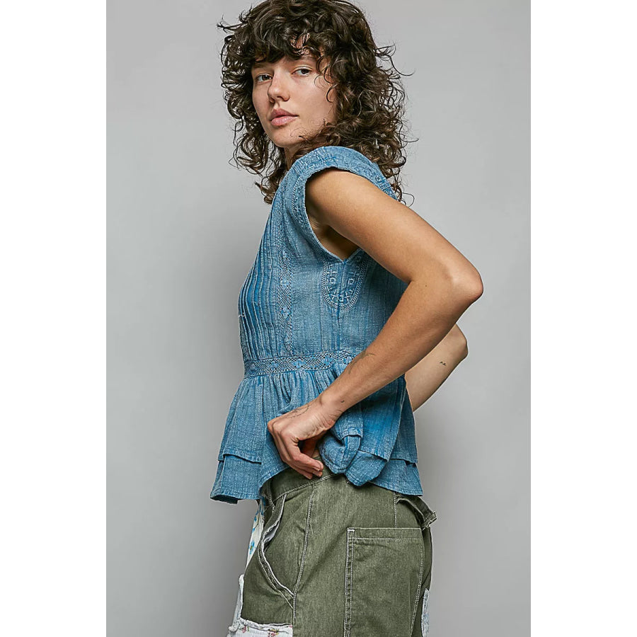 POL Eyelet Embroidery Pintuck Sleeveless Cotton Blouse Apparel and Accessories