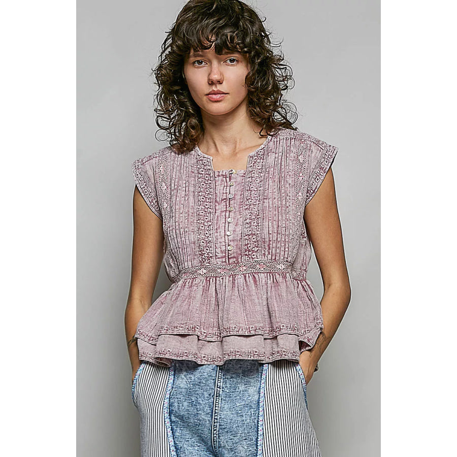 POL Eyelet Embroidery Pintuck Sleeveless Cotton Blouse Apparel and Accessories