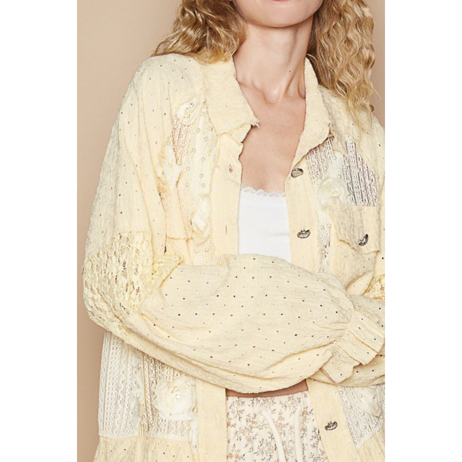 POL Eyelet Flower Pearl Detail Lace Patchwork Shirt Apparel and Accessories