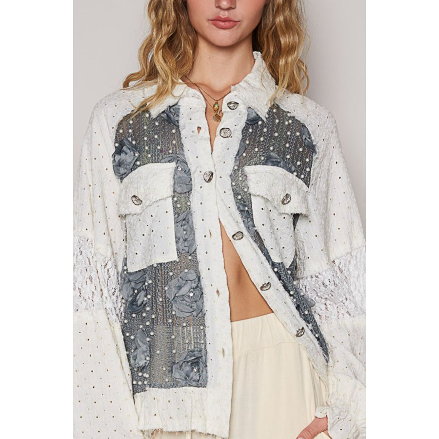 POL Eyelet Flower Pearl Detail Lace Patchwork Shirt Apparel and Accessories