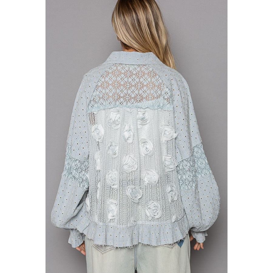 POL Eyelet Flower Pearl Detail Lace Patchwork Shirt Apparel and Accessories