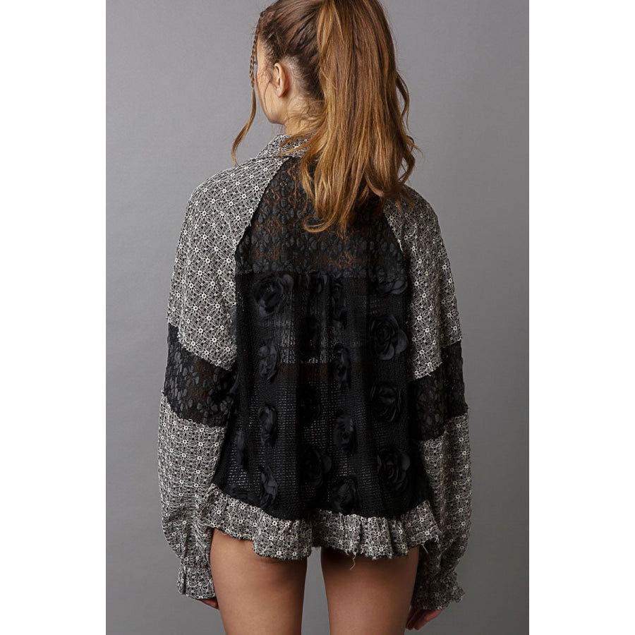 POL Eyelet Flower Pearl Detail Lace Patchwork Shirt Black / S Apparel and Accessories