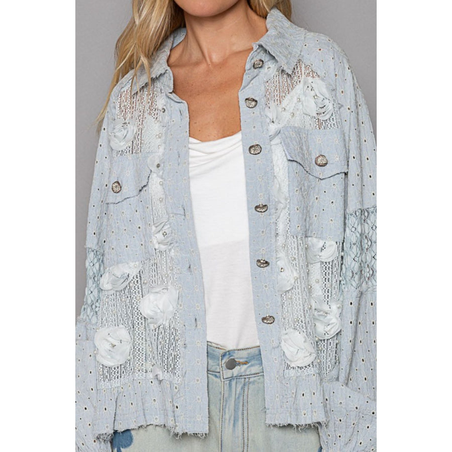 POL Eyelet Flower Pearl Detail Lace Patchwork Shirt Powder Blue / S Apparel and Accessories