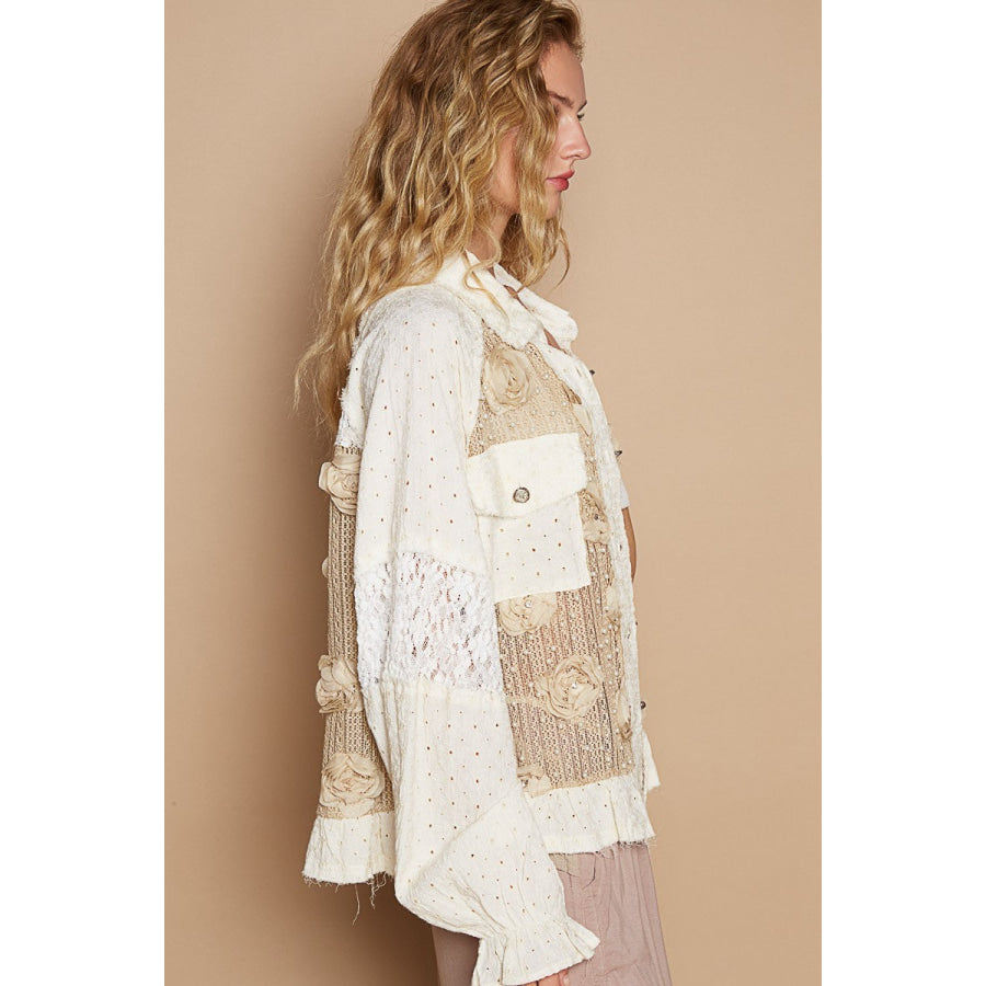 POL Eyelet Flower Pearl Detail Lace Patchwork Shirt Apparel and Accessories