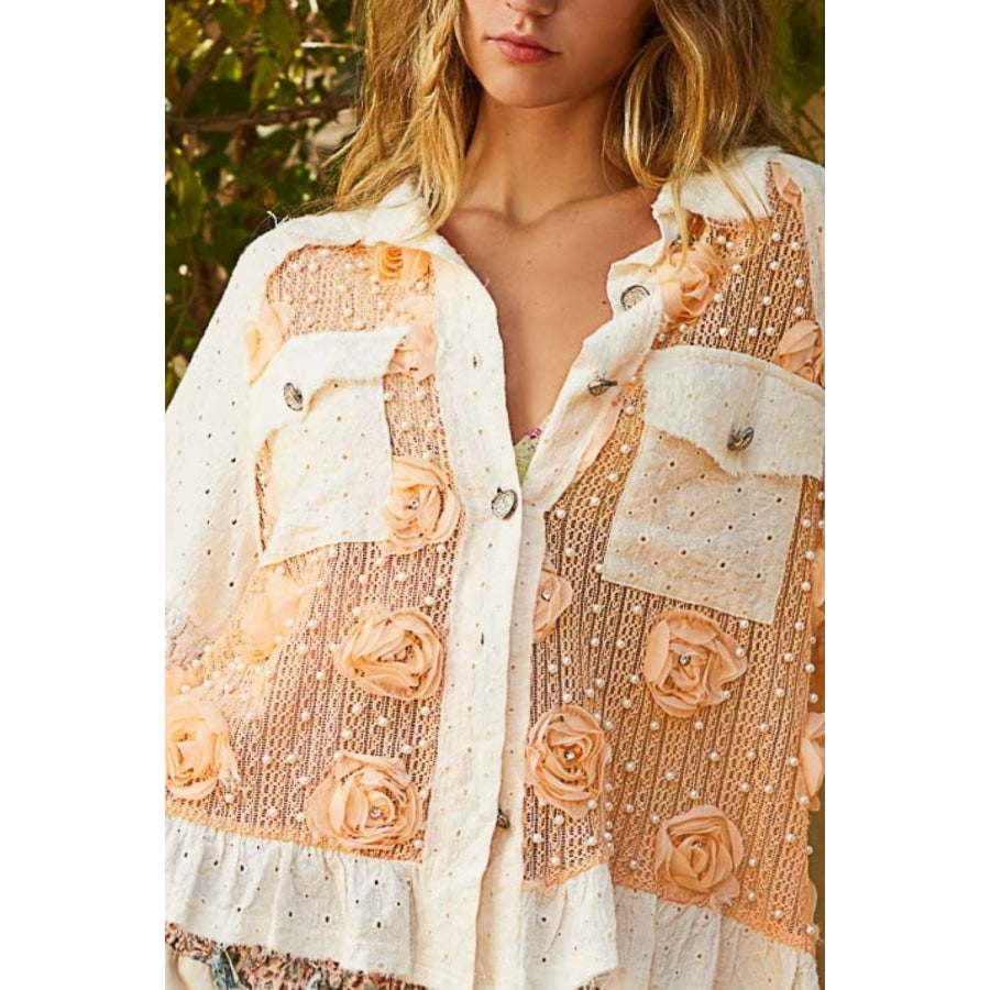 POL Eyelet Flower Pearl Detail Lace Patchwork Shirt Apparel and Accessories