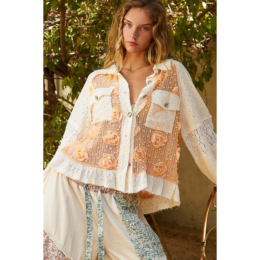 POL Eyelet Flower Pearl Detail Lace Patchwork Shirt Apricot/Cream / S Apparel and Accessories