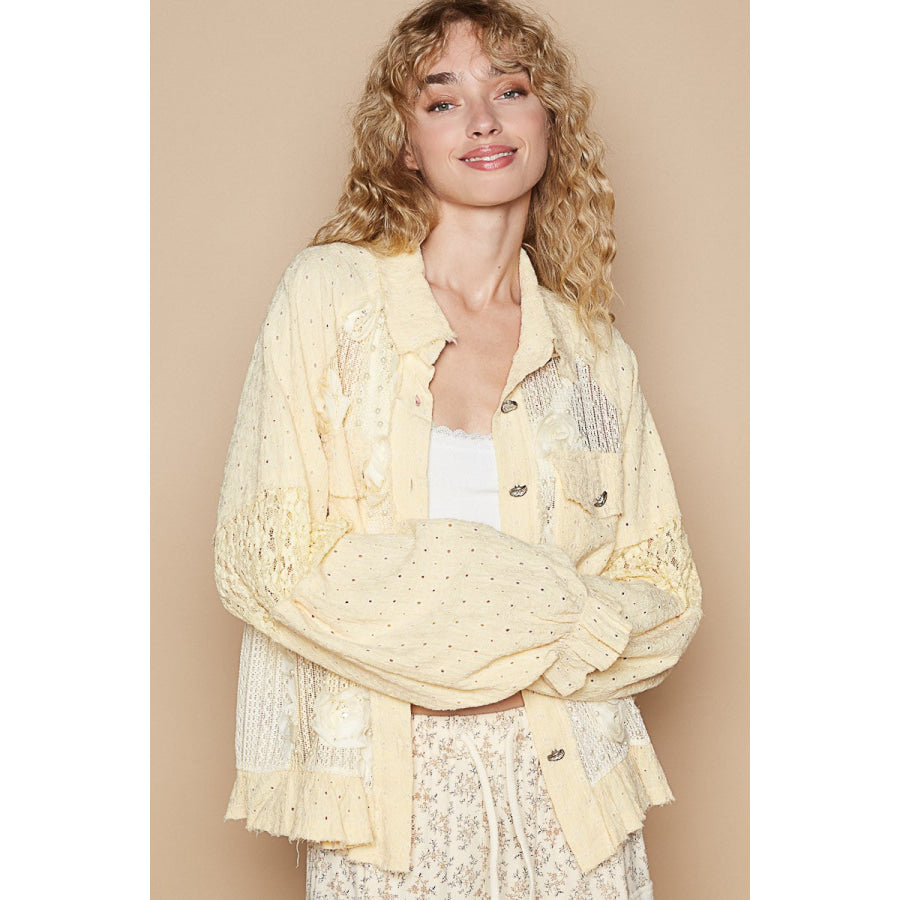 POL Eyelet Flower Pearl Detail Lace Patchwork Shirt Banana Mousse / S Apparel and Accessories