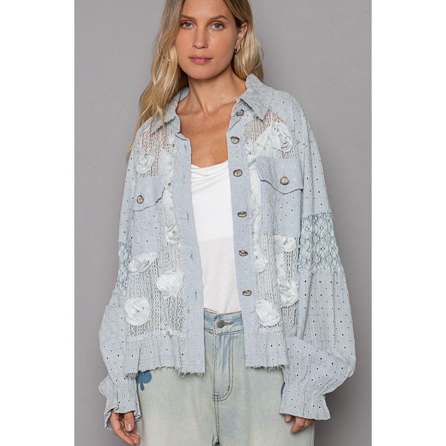 POL Eyelet Flower Pearl Detail Lace Patchwork Shirt Powder Blue / S Apparel and Accessories