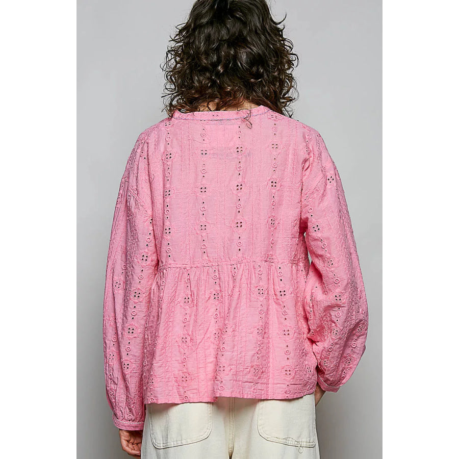 POL Eyelet Lace Split Neck Gathered Empire Waist Cotton Blouse Apparel and Accessories