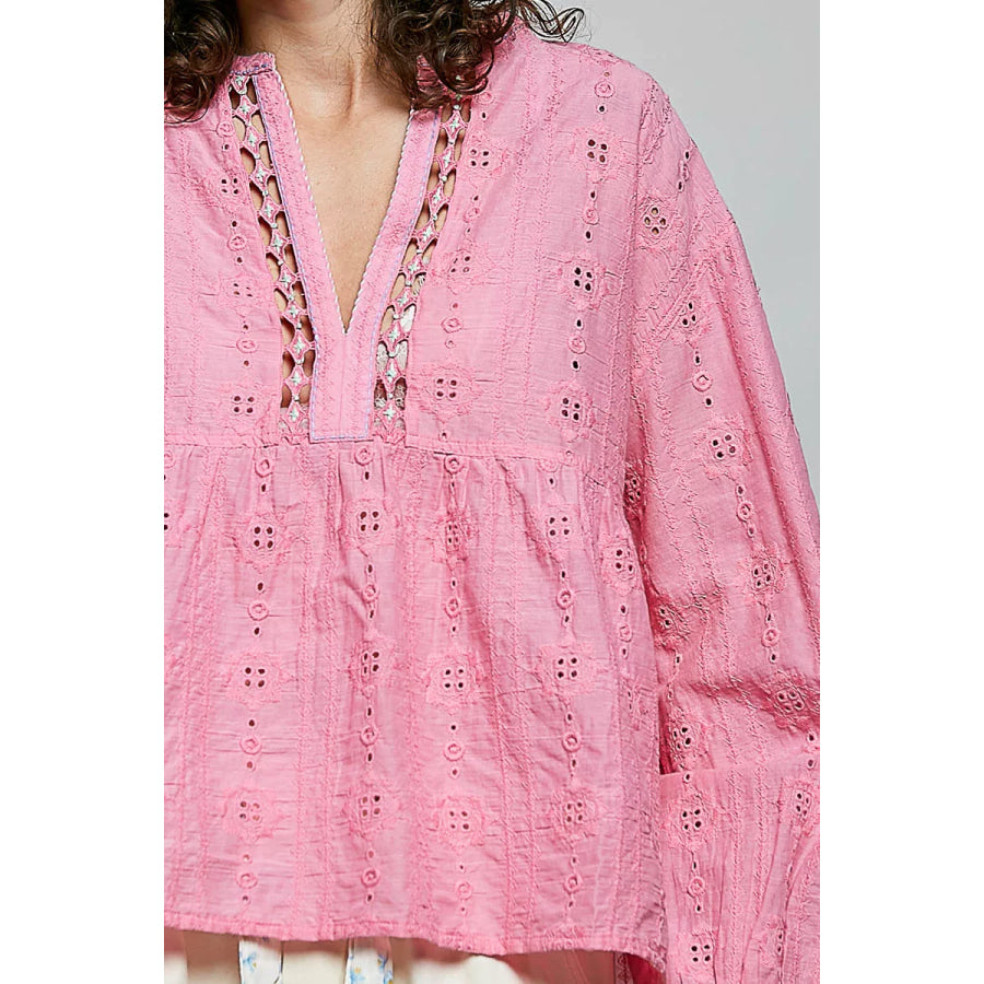 POL Eyelet Lace Split Neck Gathered Empire Waist Cotton Blouse Apparel and Accessories