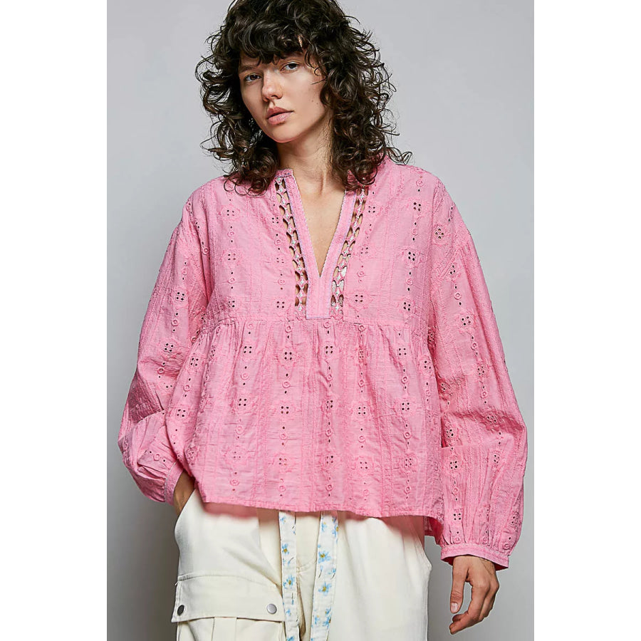 POL Eyelet Lace Split Neck Gathered Empire Waist Cotton Blouse Apparel and Accessories