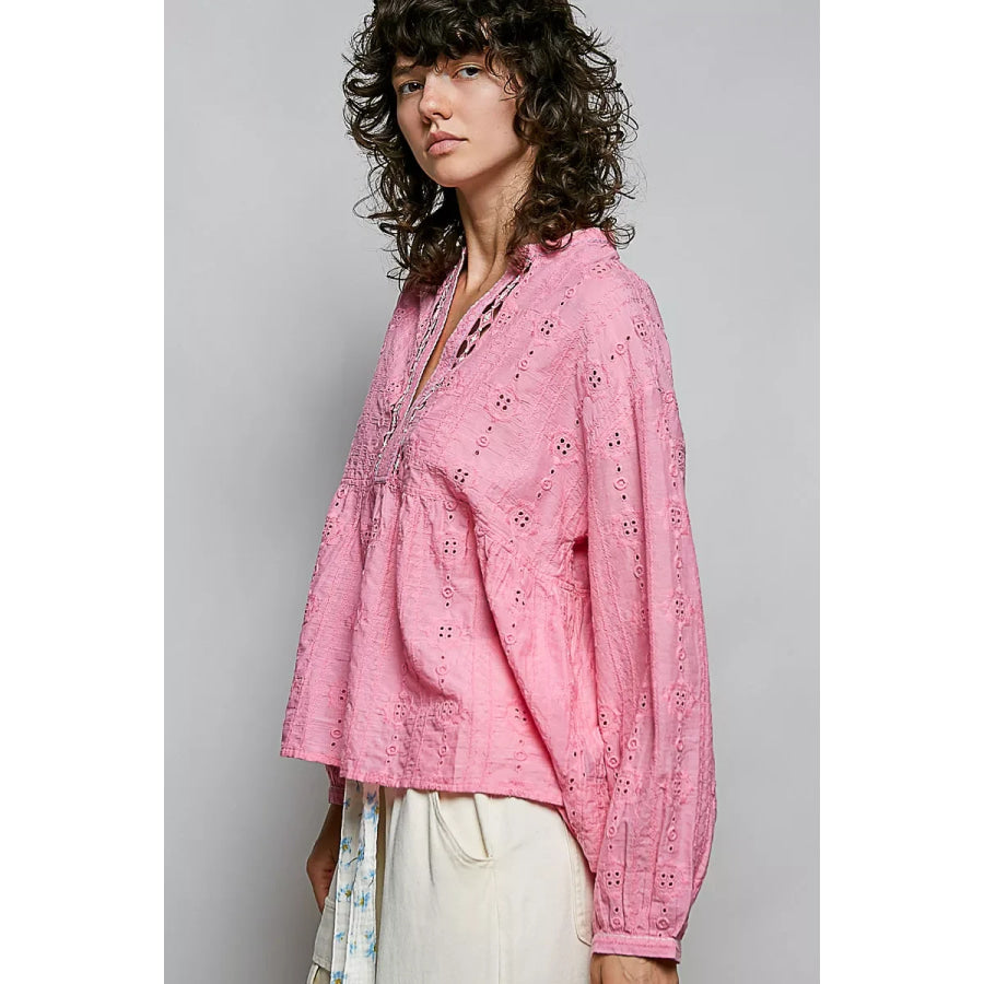 POL Eyelet Lace Split Neck Gathered Empire Waist Cotton Blouse Apparel and Accessories