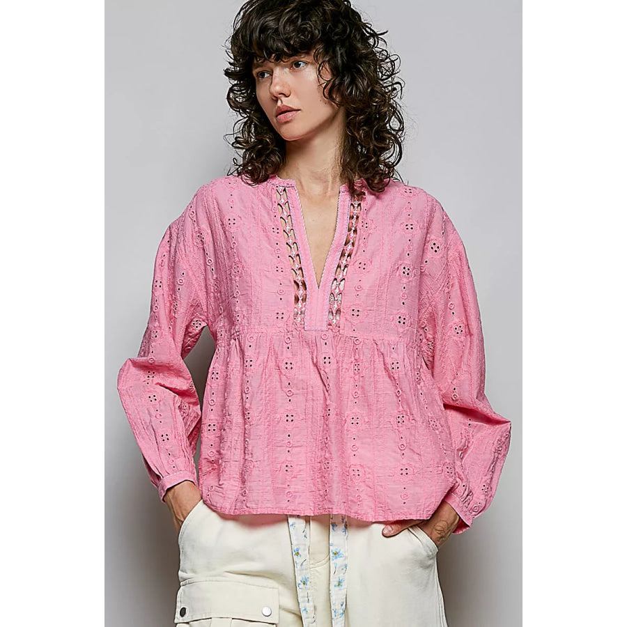 POL Eyelet Lace Split Neck Gathered Empire Waist Cotton Blouse CANDY PINK / S Apparel and Accessories