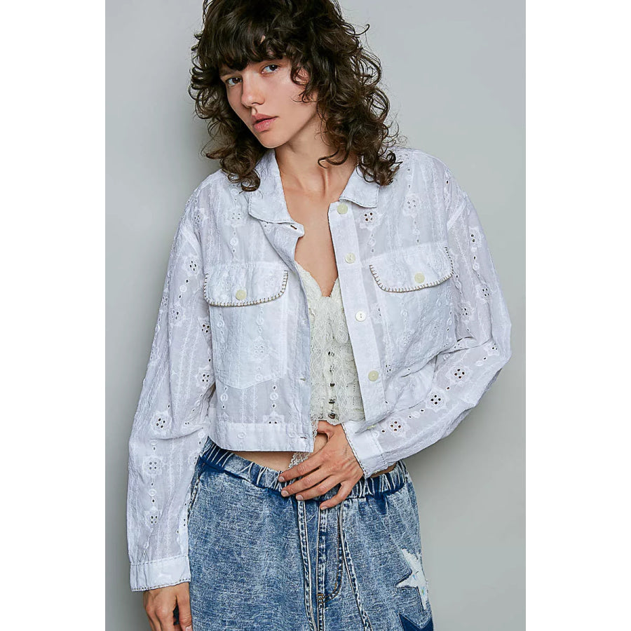 POL Eyelet Textured Cotton Cropped Button Front Jacket Apparel and Accessories