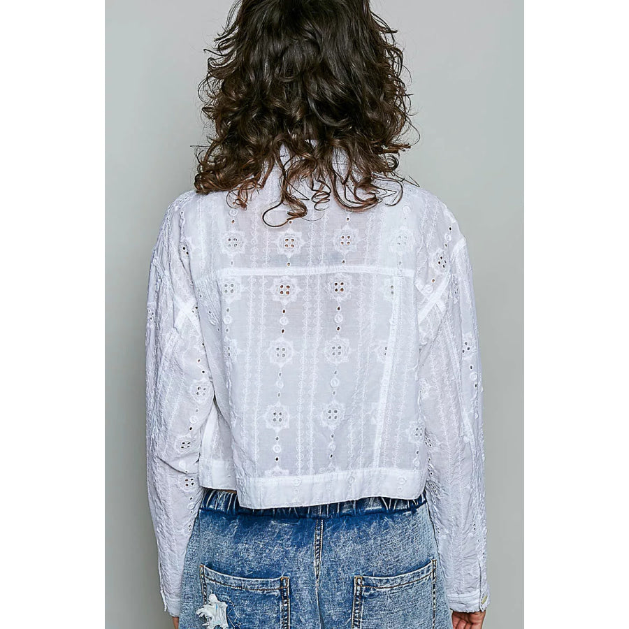 POL Eyelet Textured Cotton Cropped Button Front Jacket Apparel and Accessories