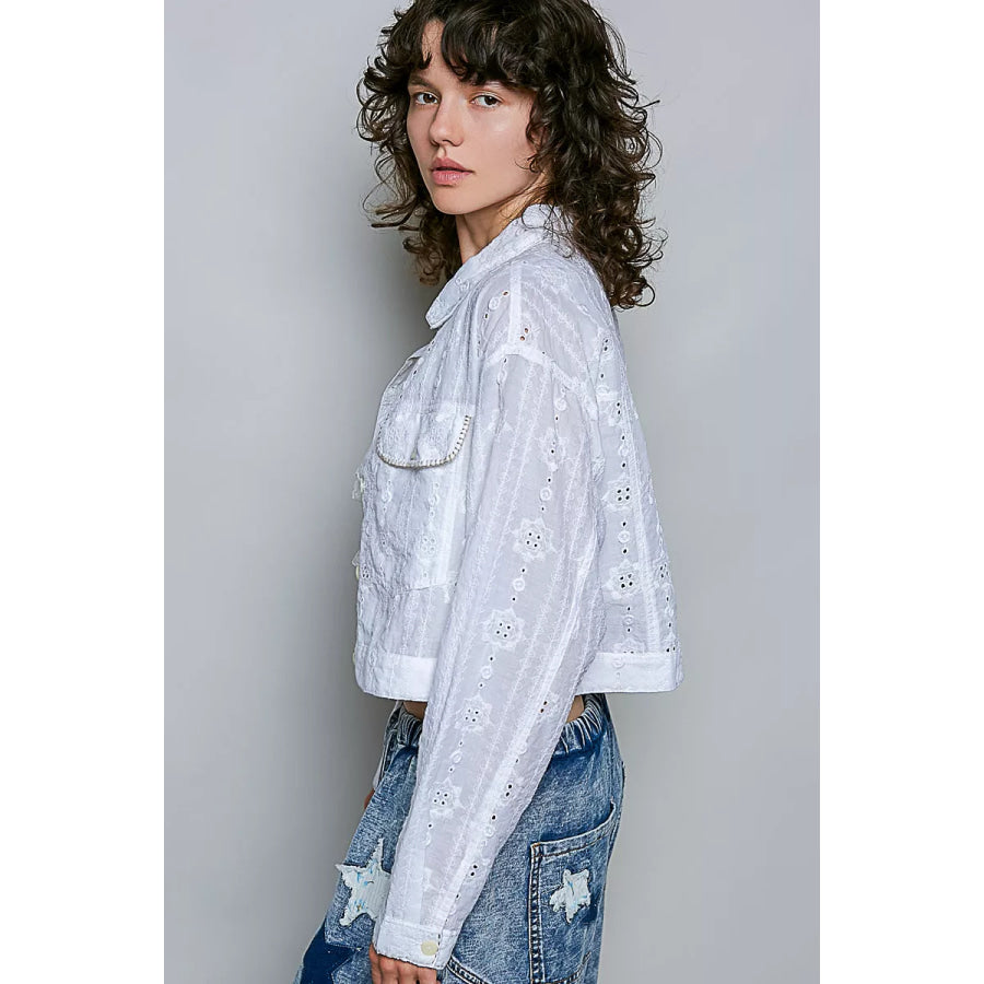 POL Eyelet Textured Cotton Cropped Button Front Jacket Apparel and Accessories